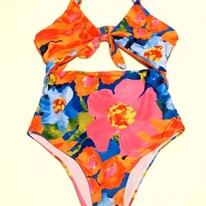 One piece bow front floral cutout monokini